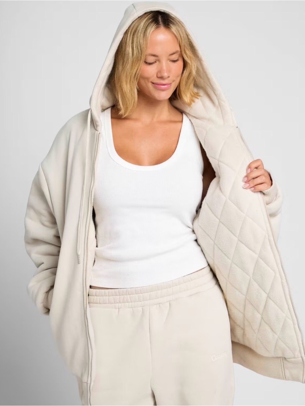 Comfort WEIGHTED Full Zip 5lb Sweatshirt Unisex Bone Beige Hoodie NWOT 2XL